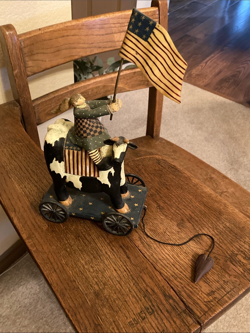 Williraye Studio Folk Art Girl with American Flag riding Cow Pull Toy WW1310